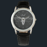 Relógio Casamento Russo De Cabelo Negro E Branco<br><div class="desc">Rustic western black and white bull country skull country cowboy noivo e relógio de pulso dos padrinhos de casamento. Vintage antigo Oeste selvagem,  casa de fazenda inspirada. design de animais legal,  moderno e moderno. Personalize sua tipografia. Imagem copyright Marg Seregelyi Fotografia.</div>