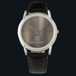 Relógio Castanho De Bronze Monograma E Elegante, Bruto Met<br><div class="desc">Castanho De Bronze Monograma Personalizado Elegante Esmagado Com Um Relógio Metálico.</div>