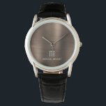 Relógio Castanho De Bronze Monograma E Elegante, Bruto Met<br><div class="desc">Castanho De Bronze Monograma Personalizado Elegante Esmagado Com Um Relógio Metálico.</div>