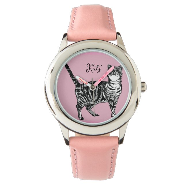Relógio Cat Tabby Pastel Cats Girls Rose Pink Pets (Frente)