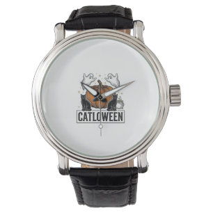 Relógio Catloween Gato Preto Fantasma Halloween Design Vet