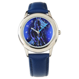 Relógio Cavalo Azul Neon Correndo À Lua À Noite Estrelad