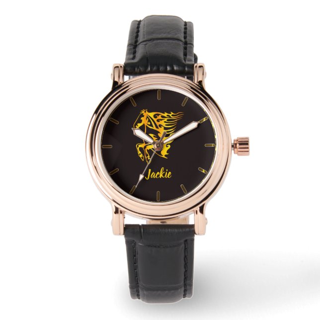 Relógio Cavalo de chama ouro com nome personalizado (Frente)