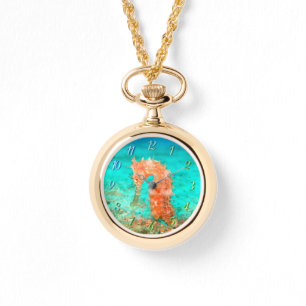 Relógio Cavalo-marinho tropical caribenho turquesa laranja