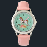 Relógio Cavalo Rocking Vintage com Buquê Floral<br><div class="desc">Um relógio com uma imagem charmosa e fantasiosa de um cavalo de balanço antiquado com um bonito buquê floral a rosa e amarelo. O fundo é uma cor damasco verde-clara.</div>