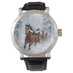 Relógio Cavalos Correndo por uma Floresta Nevada
