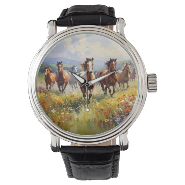 Relógio Cavalos Selvagens Correndo em um Prado Florido (Frente)