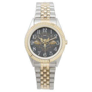 Relógio Caveira de Pássaro Dourada em Fundo Preto