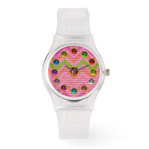 RELÓGIO CÉLULAS DE PINCO VERDE E GEMSTONAS COLORIDAS