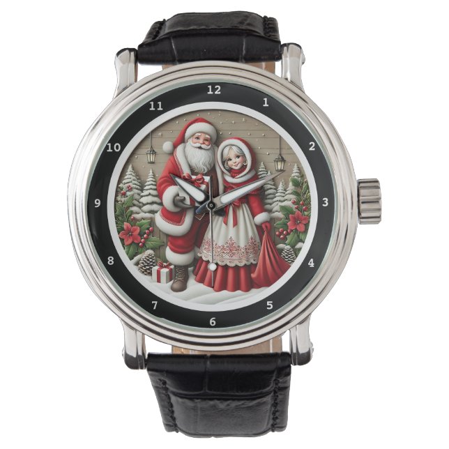 Relógio Cena de Natal de Papai Noel e Sra. Claus (Frente)