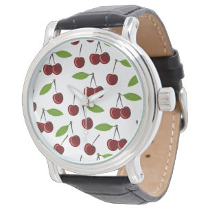 Relógio Cereja Vermelha, Padrão de Cerejas, Folhas, Fruta