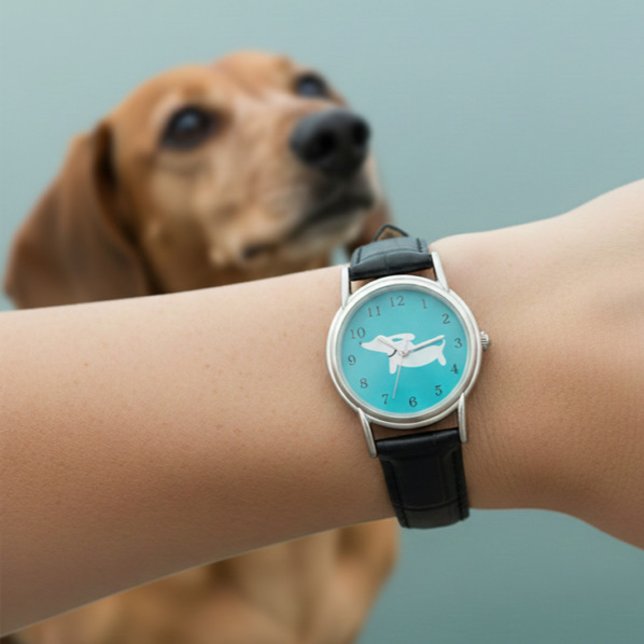 Relógio Charme Dachshund Face Azul Banda de Couro (Wiener dog watch - leather band)