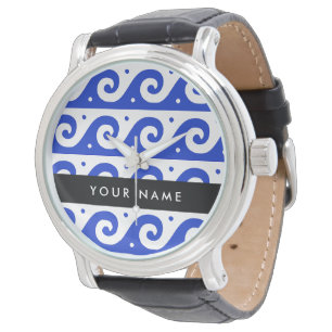 Relógio Chave Grega Meander, Chave Wave, Azul, Seu Nome
