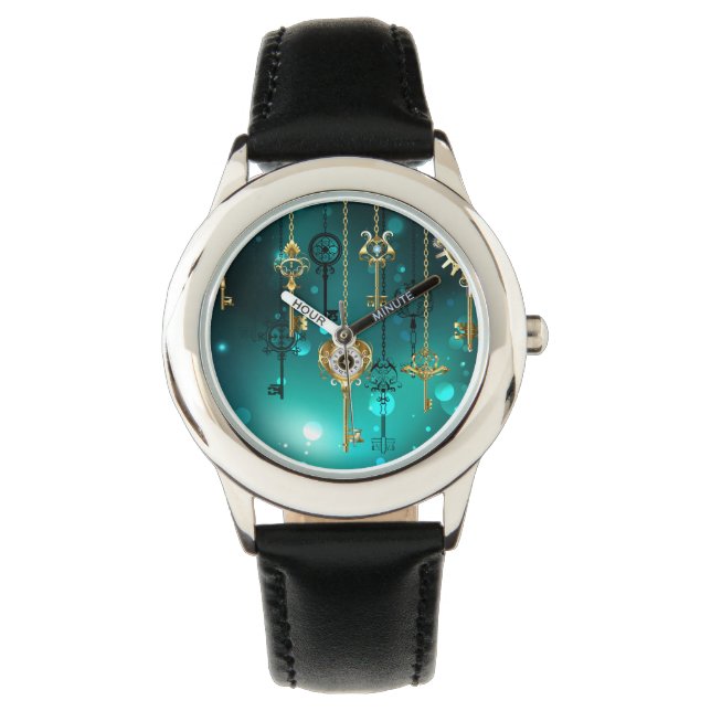 Relógio Chaves de Esqueleto Anticas em Fundo Verde (Frente)