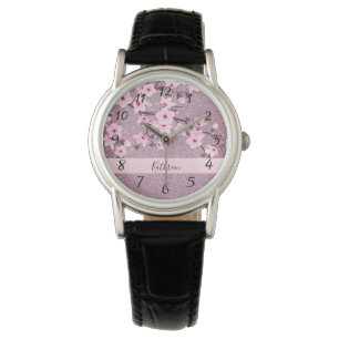Relógio Cherry Blossoms Mauve Glitter Monogram