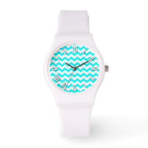 Relógio Chevron Aqua Teal e ZigZag Zig Zags Brancos