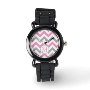 Relógio Chevron cor-de-rosa e cinzento com monograma