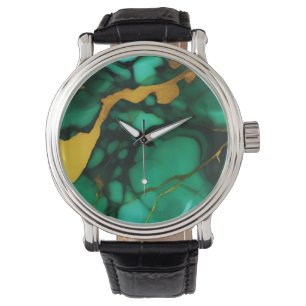 Relógio Chic Elegante verde escuro ouro amarelo Faux Marbl