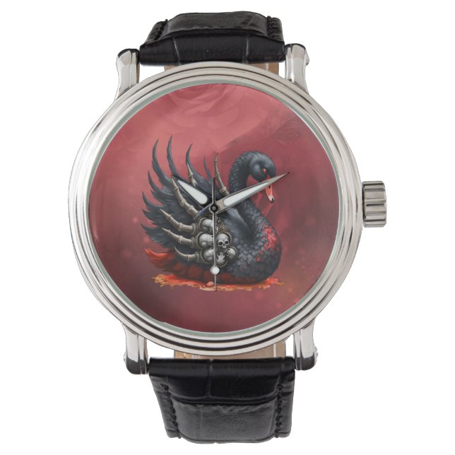 Relógio Cisne Negro de Ossos – Elegância Gótica (Frente)