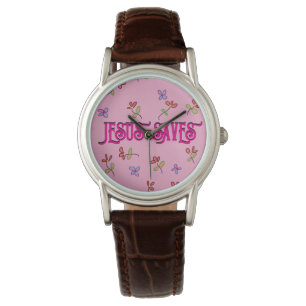 Relógio Citação 'Jesus Salva' com Impressão Floral em Rosa