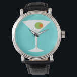 Relógio Classic Movie Martini Watch (turquesa)<br><div class="desc">Este Classic Movie Martini Watch apresenta um fundo turquesa e a imagem de uma silhueta branca de um vidro martini. Dentro o copo é uma azeitona verde gloriosa com um colorau laranja. Este é um relógio de pulso divertido para todos que desejavam ser personagem de um filme clássico. Shaken não...</div>