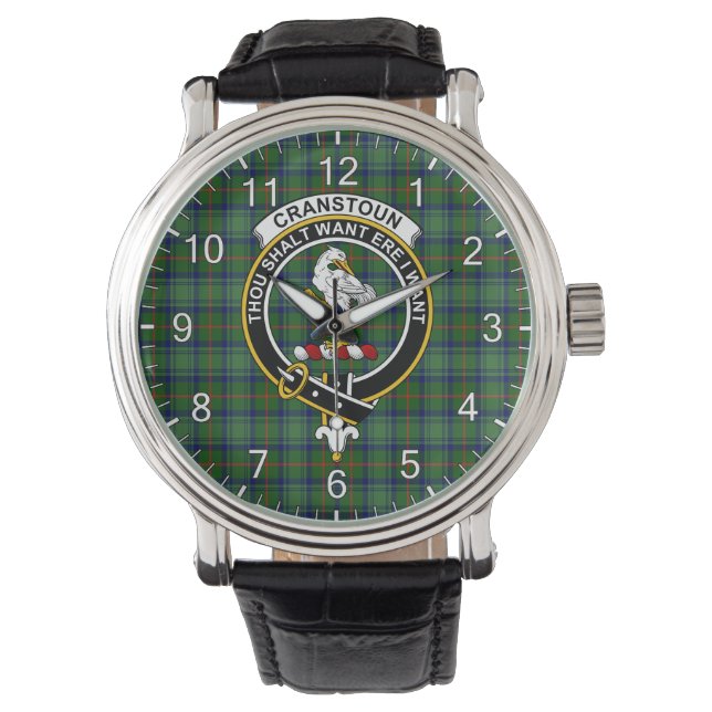 Relógio Clássico Timeless Clan Cranstoun Tartan Insígnia X (Frente)
