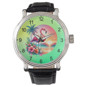 Relógio Clipart do Pôr do Sol do Flamingo Rosa-93938
