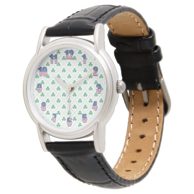Relógio Clover Pattern Black Leather Watch with Classic Lo (Angular)