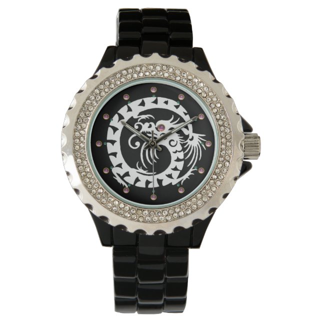 Relógio COBRA BRANCO - DRAGÃO preto, Gemstones cor-de-rosa (Frente)