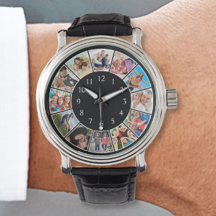 Relógio Colagem Personalizada de Fotos da Família em Preto