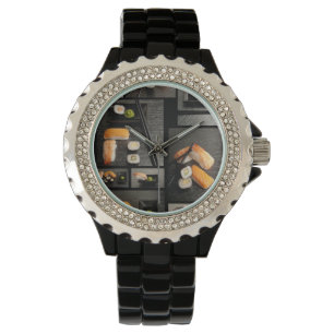 Relógio Coleção do sushi no fundo preto