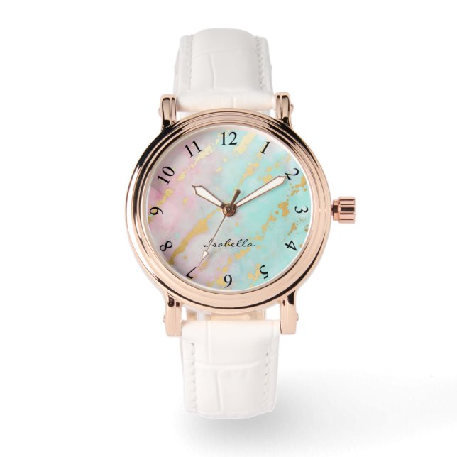 Relógio Coleção Luxo Rosa Bege Tendência Soft Mint Dourado (Frente)