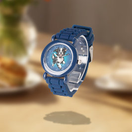 Relógio Collie Preto Feliz e Brincalhão no Azul