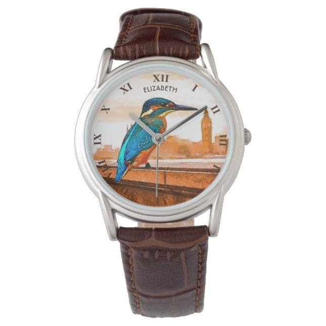 Relógio Colorida Kingfisher Bird Com a linha do horizonte  (Frente)