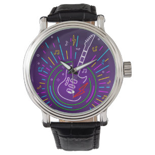 Relógio Colorida Neon Music Background Com A Guitar Watch
