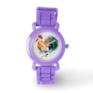 Relógio Colorida Rooster. Caligrafia e aquarela.