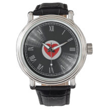 Relógio com disco de vinil e elementos musicais