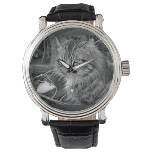 Relógio com gato preto Maine Coon de banda