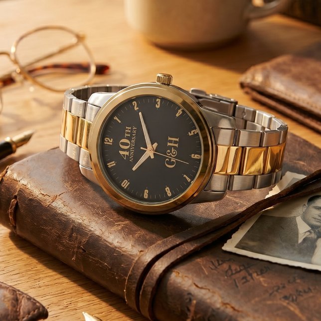 Relógio com Monograma Elegante Dourado de Aniversá (40th Anniversary Gold Elegant Monogram Personalized Watch for Husband)