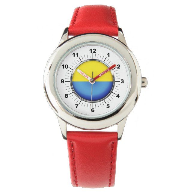 Relógio com pulseira de couro vermelha da bandeira (Frente)
