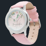 Relógio Cor-de-rosa moderno e flores com nome<br><div class="desc">Cor-de-rosa moderno e flores com nome</div>
