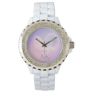 Relógio Coração com Gradiente Rosa Roxo com Monograma