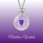 Relógio Coração de amor roxo escuro e leve<br><div class="desc">Presente do Necklace Watch. Com um coração de amor roxo e números de relógio em um fundo roxo mais leve.</div>