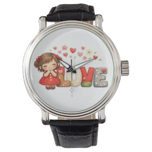 Relógio Coração doce de "AMOR" e Menina Chibi 
