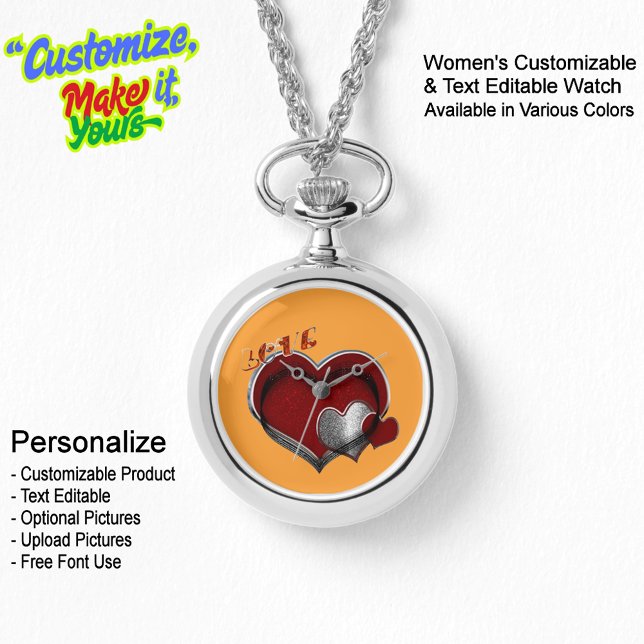 Relógio Coração Magic Silver Necklace Observar Rosto Laran (Women's Heart Magic Silver Necklace Watch Featuring a Orange Face.)