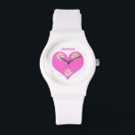 Relógio Coração Rosa e Flores Amarelas<br><div class="desc">Bonito coração branco e rosa claro com 3 flores amarelas e roxas com nome de amostra personalizável para você personalizar</div>
