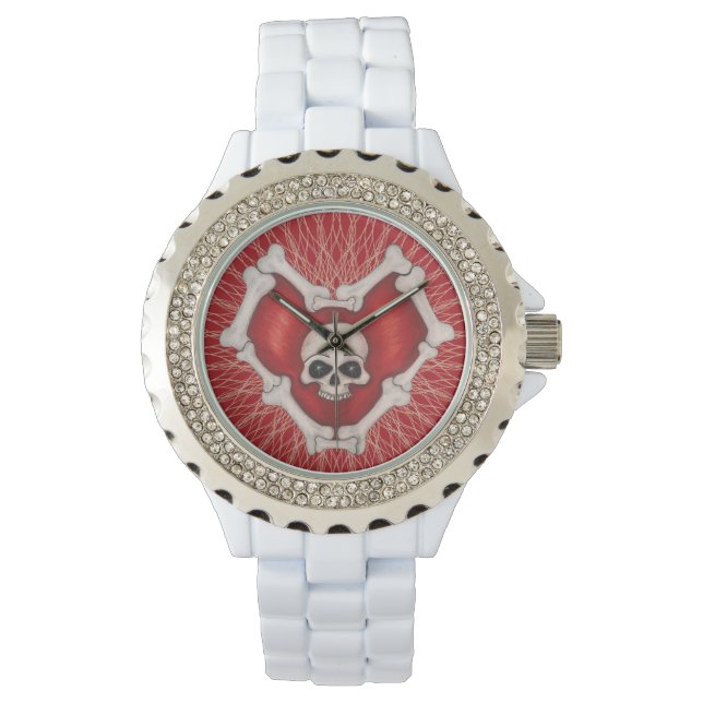 Relógio Coração Vermelho Gótico Escuro Com Coração Osso Cr (Frente)