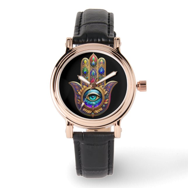Relógio Cores de Pavão Dourado Hamsa Safira Verde Terceiro (Frente)