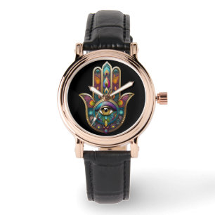 Relógio Cores de Pavão Hamsa com Terceiro Olho Dourado
