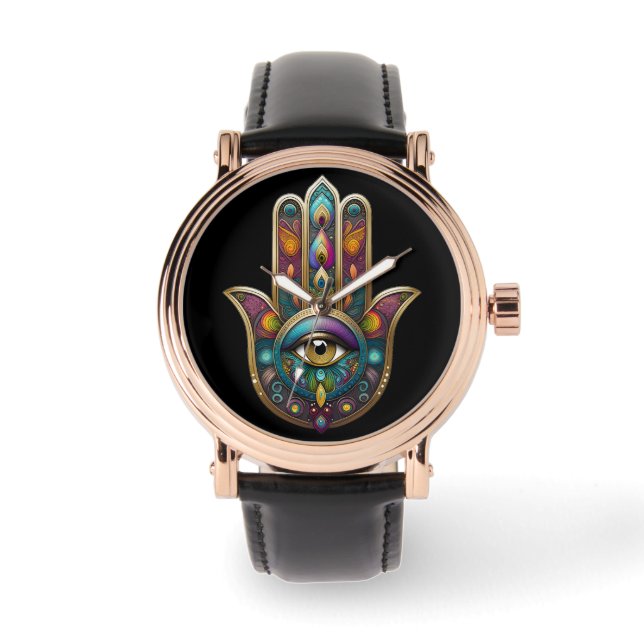 Relógio Cores de Pavão Hamsa com Terceiro Olho Dourado (Frente)